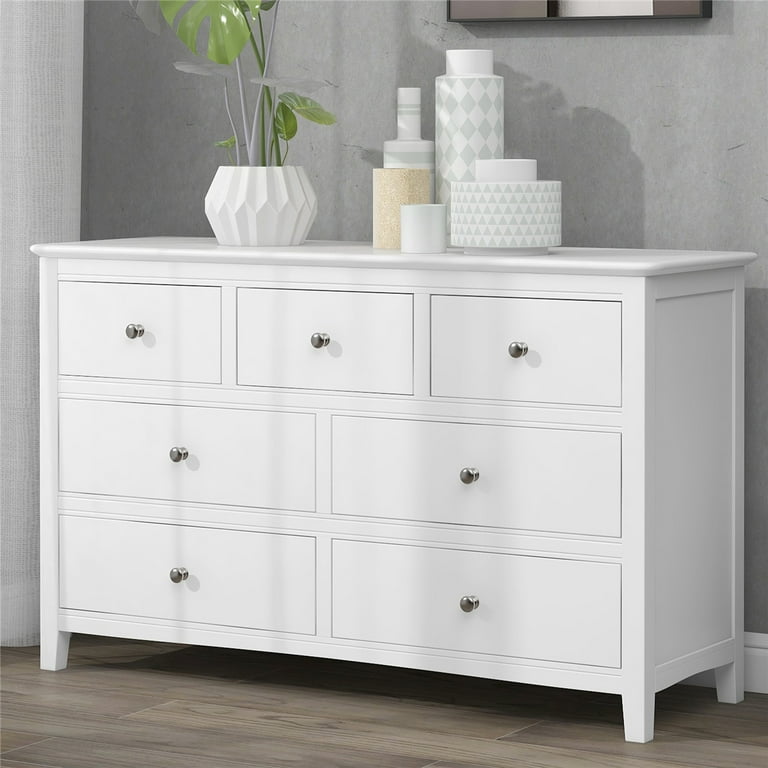 Dresser with 7 Drawers Big Wide Side Table with Round Handle White End Table for Bedroom Living Room Easy Assembly