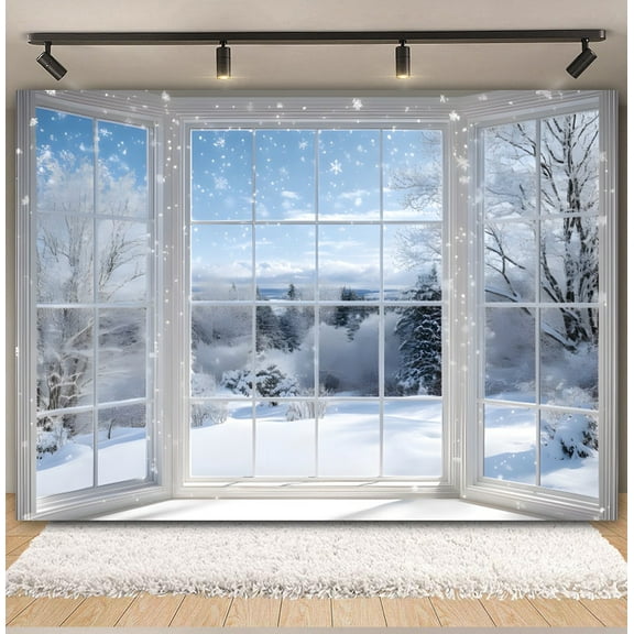 Winter Forest Window Sce Photography Backdrop Wonderland Snowflake White Snowy Xmas Pine Tree New Year Photo Background r