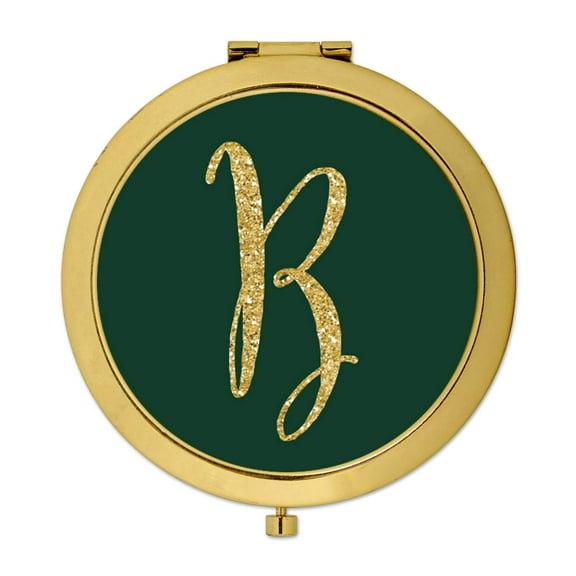 Koyal Wholesale Gold Compact Mirror Bridesmaid's Wedding Gift, Emerald Green, Monogram Letter B, 1-Pack