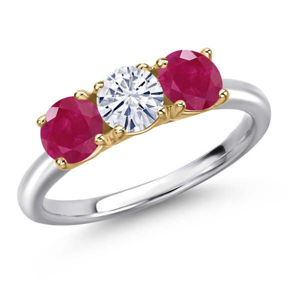Gem Stone King 925 Silver and 10K Yellow Gold White Moissanite and Red Ruby Engagement Ring for Women | 1.60 Cttw | Round 5MM | Gemstone Birthstone | Size 9