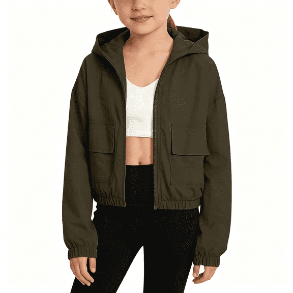 BCSIOAOI Girls Jacket,Hooded Full-Zip Elastic Hem Windbreaker Jacket with Flap Pockets Army Green 5-6 Years