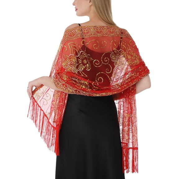 HonorHut Women's Sequin Shawl, Flapper Evening Wrap Cape with Fringe Tassel, Sparkly Mesh Bridal Cover Up for Party Wedding Formal, One Size Red Gold