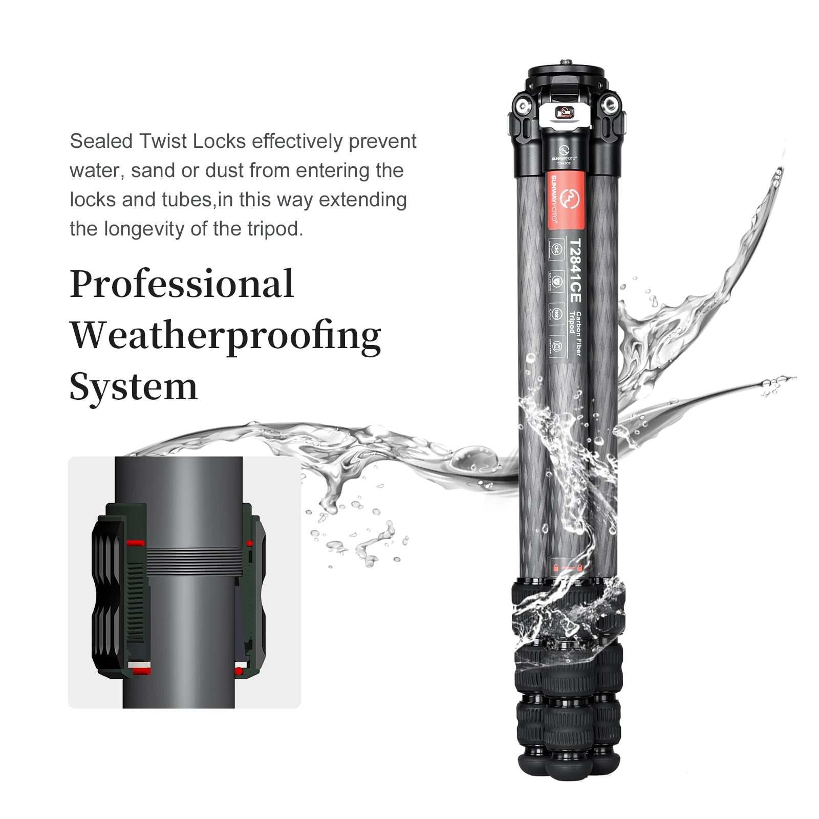 SUNWAYFOTO T2841CE Travel Tripod Carbon Fiber Compact Light Portable Professional Tripod Dslr Camera Waterproof,33.0lb Load