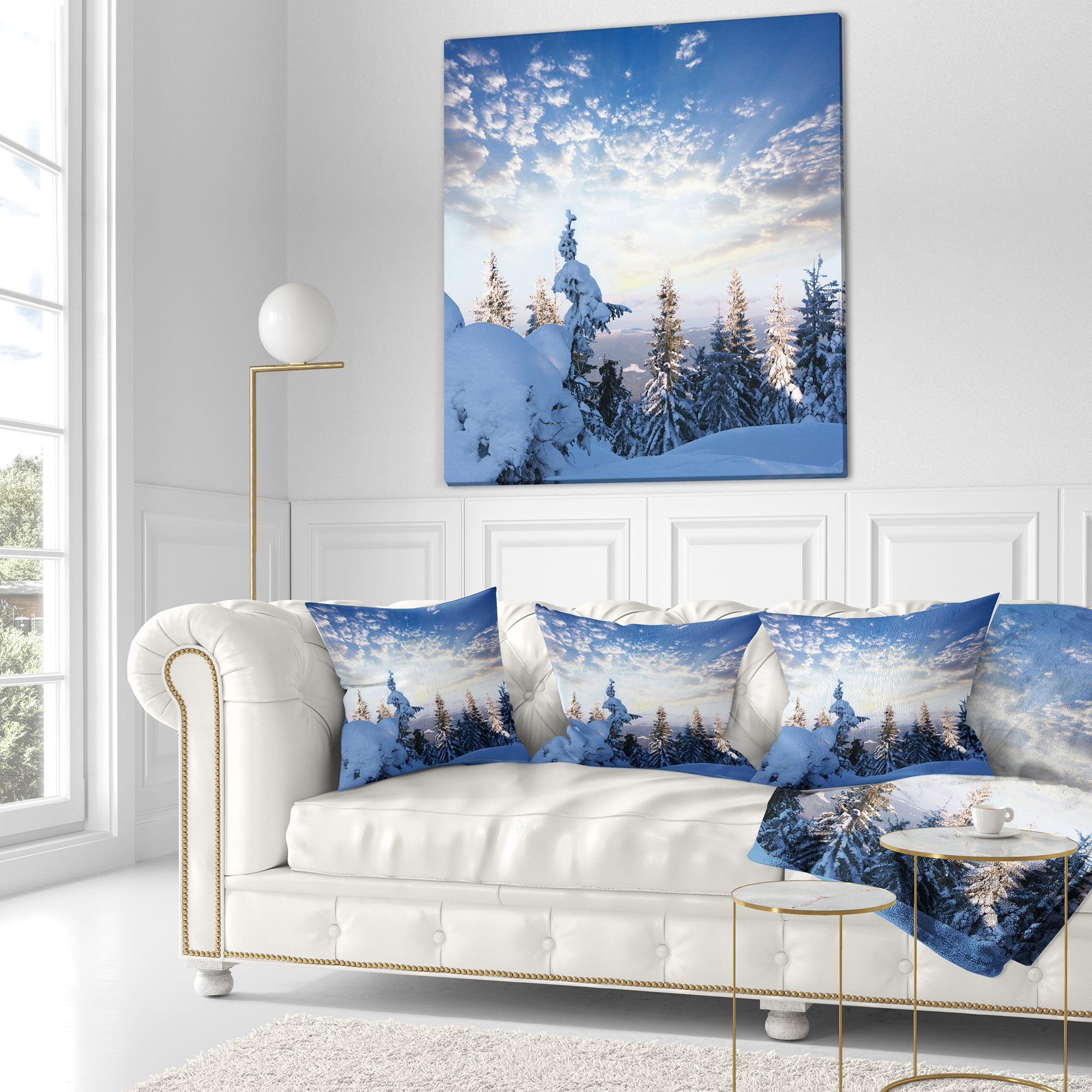 Designart Foggy White Winter Forest - Landscape Wall Throw Pillow - 18x18