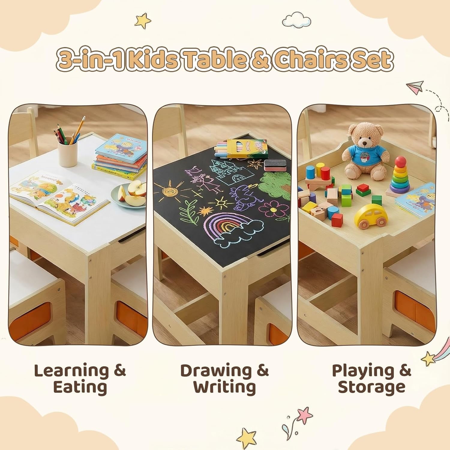 Pirecart Kids Table and 2 Chairs Set Wooden Children Activity Table with Blackboard, Storage Drawer, Yellow