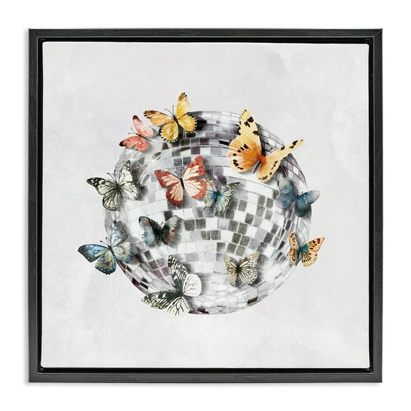 Stupell Industries Butterflies on Disco Ball Insects Painting Black Floater Framed Canvas Art Print Wall Art, 18 x 18