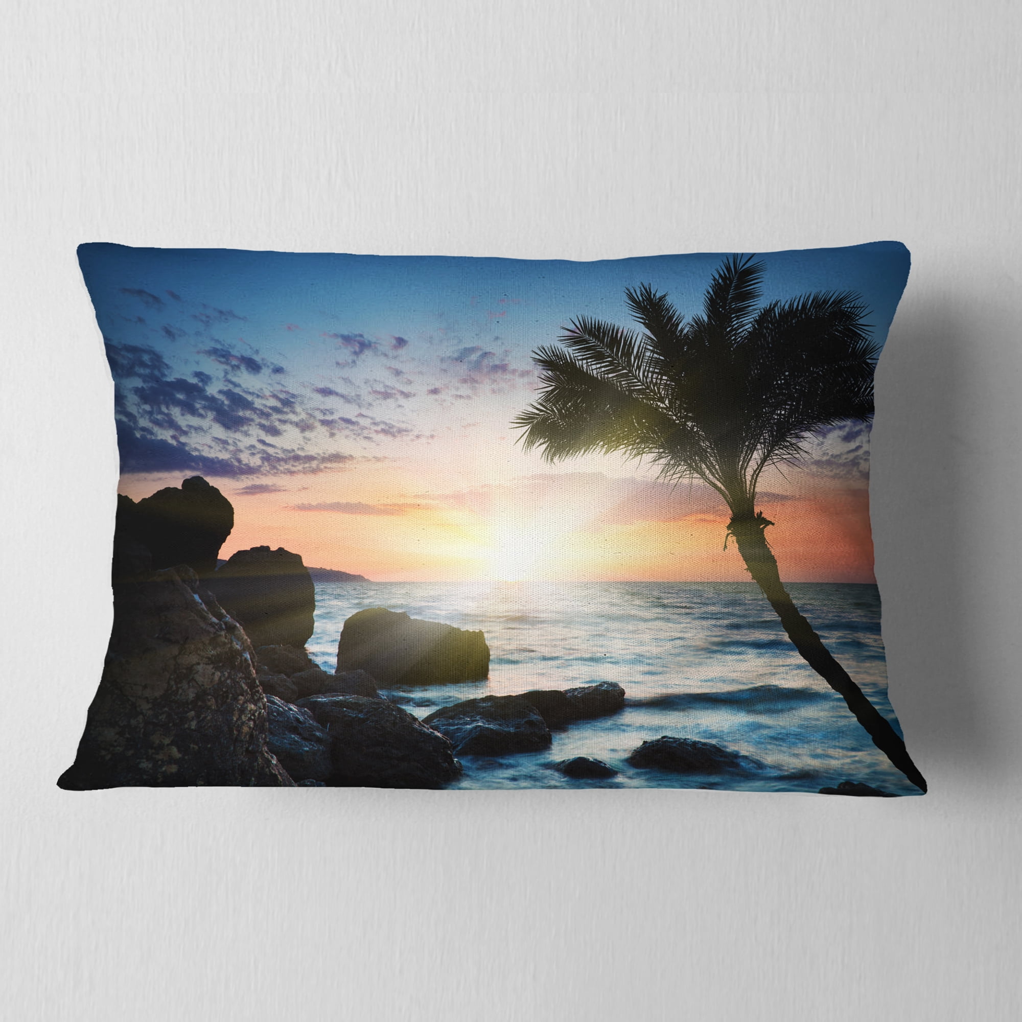 Designart Lonely Palm Tree on Rocky Beach - Modern Seashore Throw Pillow - 12x20