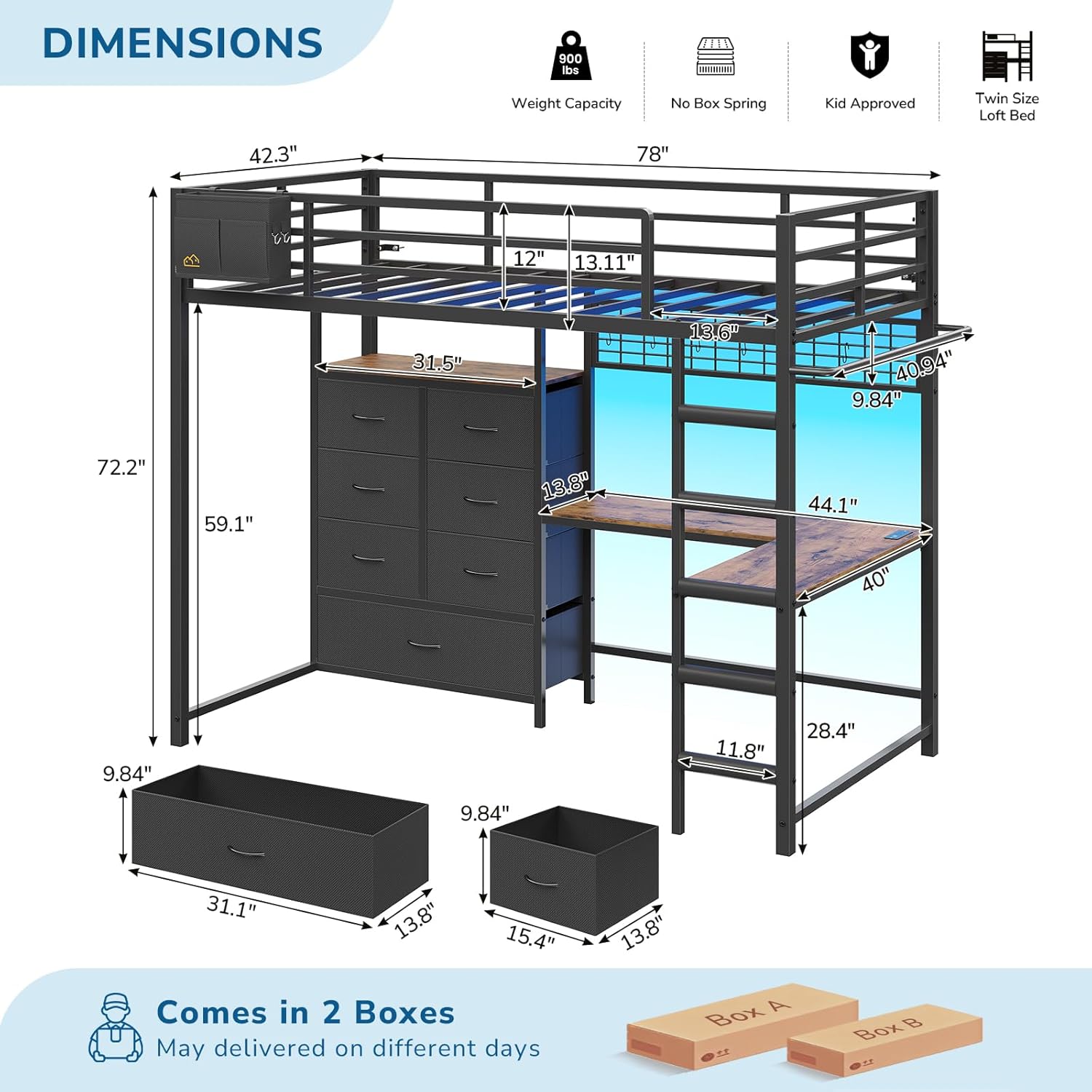 Mabor Loft Bed Twin Size with L-Shaped Desk & Charging Station Twin Metal Loft Bed with LED Lights & 7 Drawers & Clothes Rail for Bedroom, No Box Spring Needed, Black