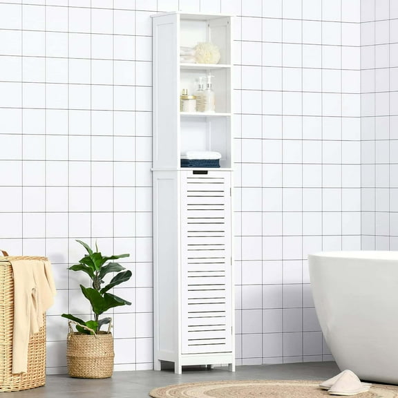 Tall Bathroom Storage Cabinet with Open Shelves and Vented Door, Slim Linen Cabinet for Compact Bathroom Organization, White Finish - Miami Collection