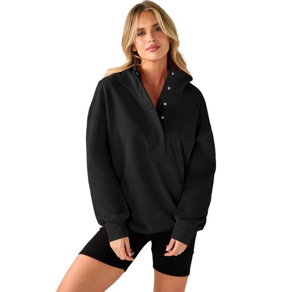 Resicozy Womens Oversized Sweatshirt Long Sleeve Henley Pullover Tops 2026 Spring Casual Button Loose Fit Sweatshirts Black L