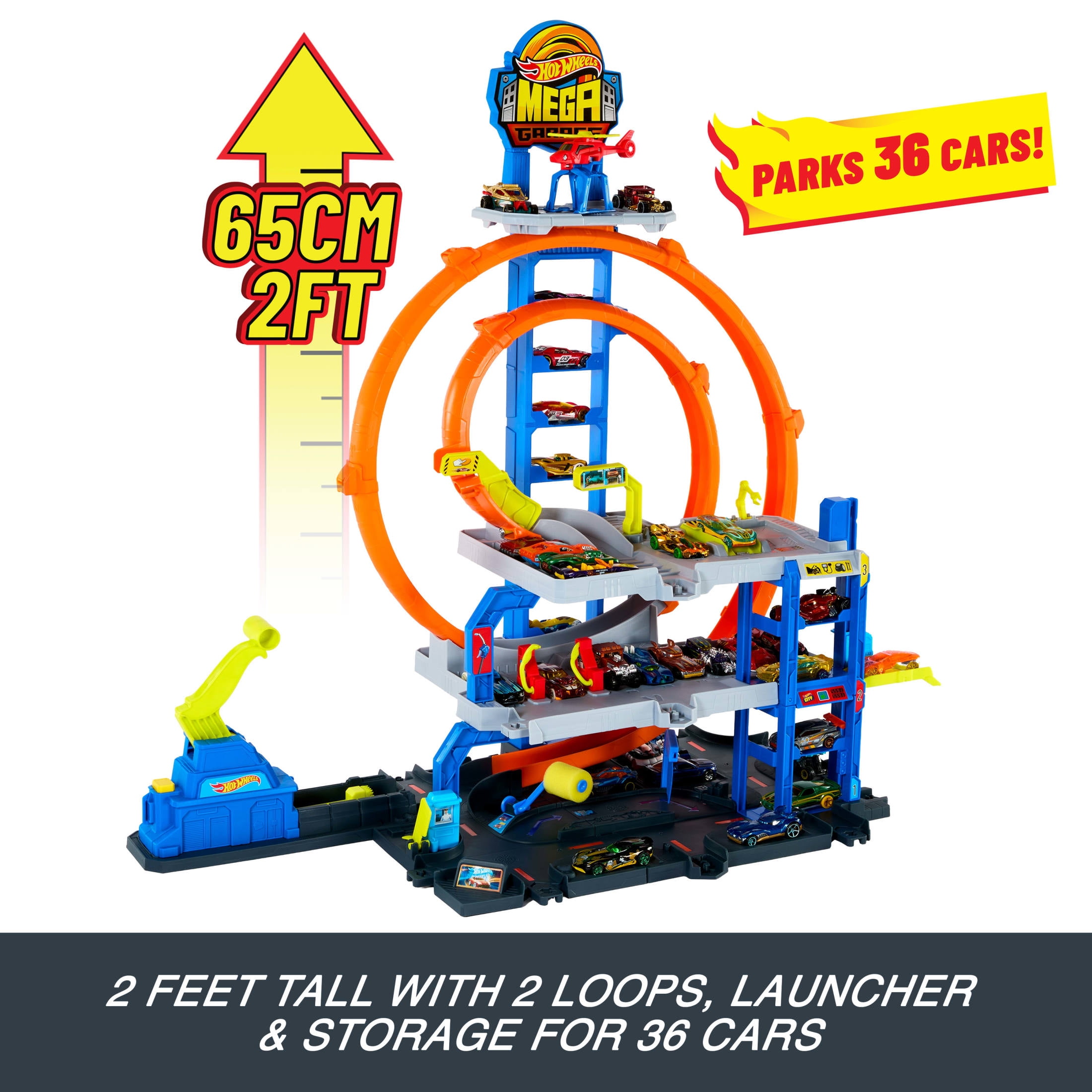 Hot Wheels Mega Loop Garage Playset with 1 Die-Cast Toy Car & 1 Toy Helicopter in 1:64 Scale