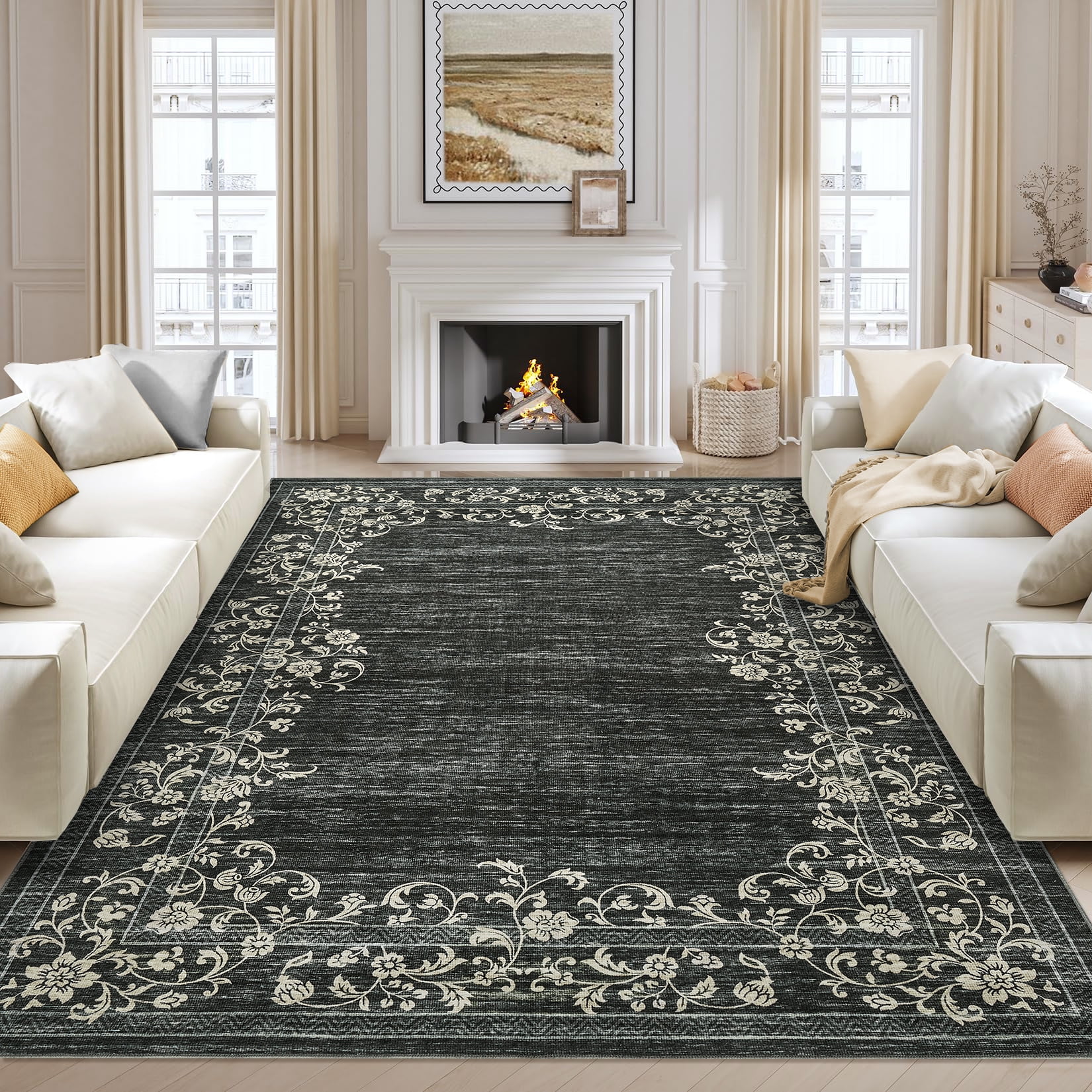 Garvee 8'x10' Area Rugs, Modern Print Rugs Soft Washable Rugs for Living Room Bedroom Home Decor, Non-Slip Durable Carpet, Black