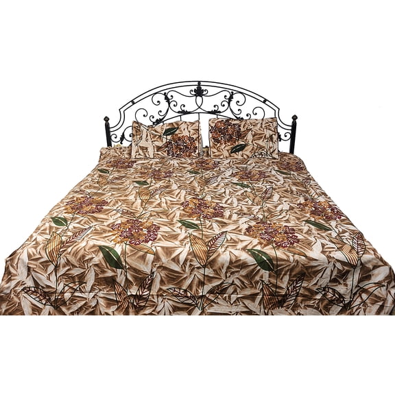 Beige Batik Bedspread with Large Printed Flowers