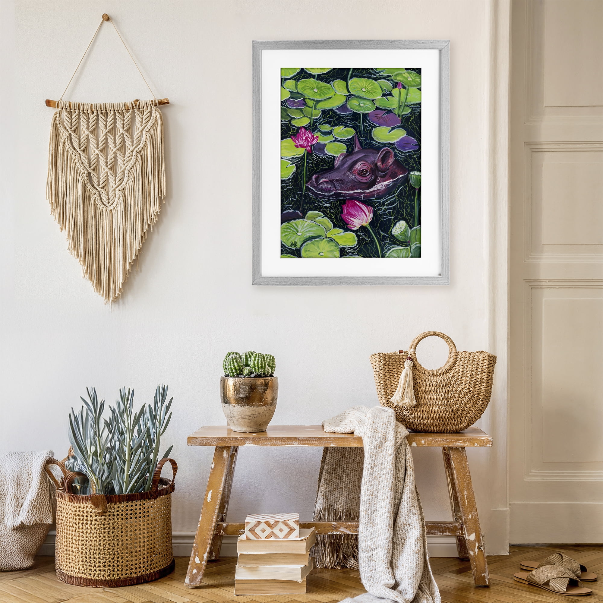 Stupell Industries Hippo & Blossoms Pond Gray Framed Print Under Glass, design by Sarah Waldron Kimball