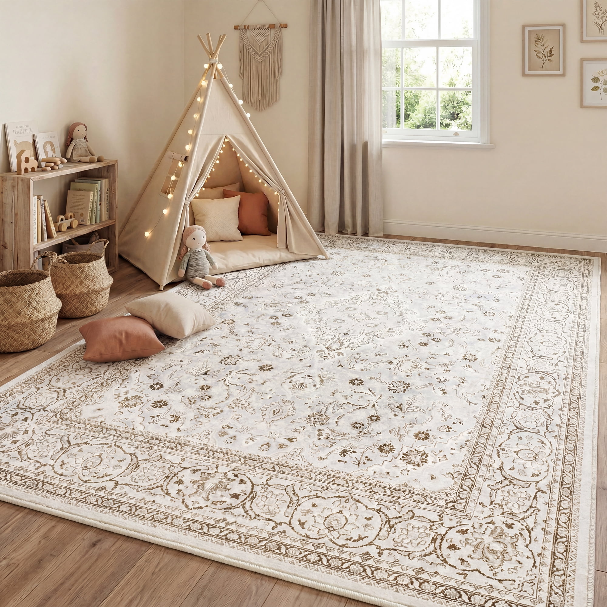 Lalado 5ft x 8ft Area Rugs for Living Room Washable Rugs Boho Floral Carpet Soft Low Pile Non-Slip Rug for Bedroom Dining Room Indoor Vintage Home Decor, Brown