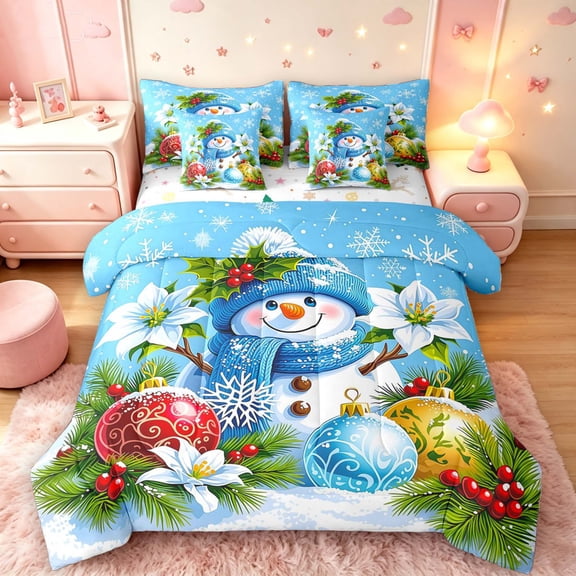 Manfei Cute Snowman 7-Piece Twin Bedding,Christmas Snowflake Bedding Comforter Set,Blue Green,Christmas Reversible