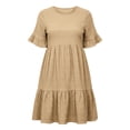 thumbnail image 3 of Bnwani Summer Dresses for Women,Plus Size Dresses,Crew Neck,Ruffle,Pleated,Textured,Khaki,XL, 3 of 8