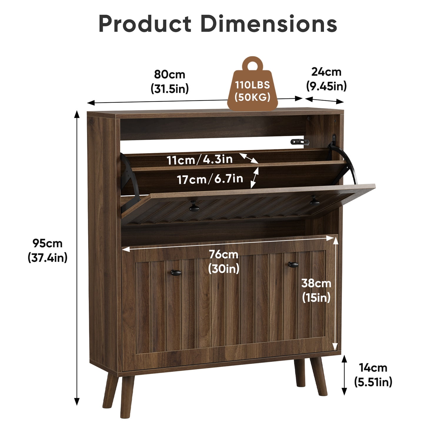 Hommoo Modern 2 Flip Drawers 31.5" Shoe Cabinet with Vertical Grooved Finish and Solid Wood Legs, Storage Shoe Cabinet for Hallways, Walnut