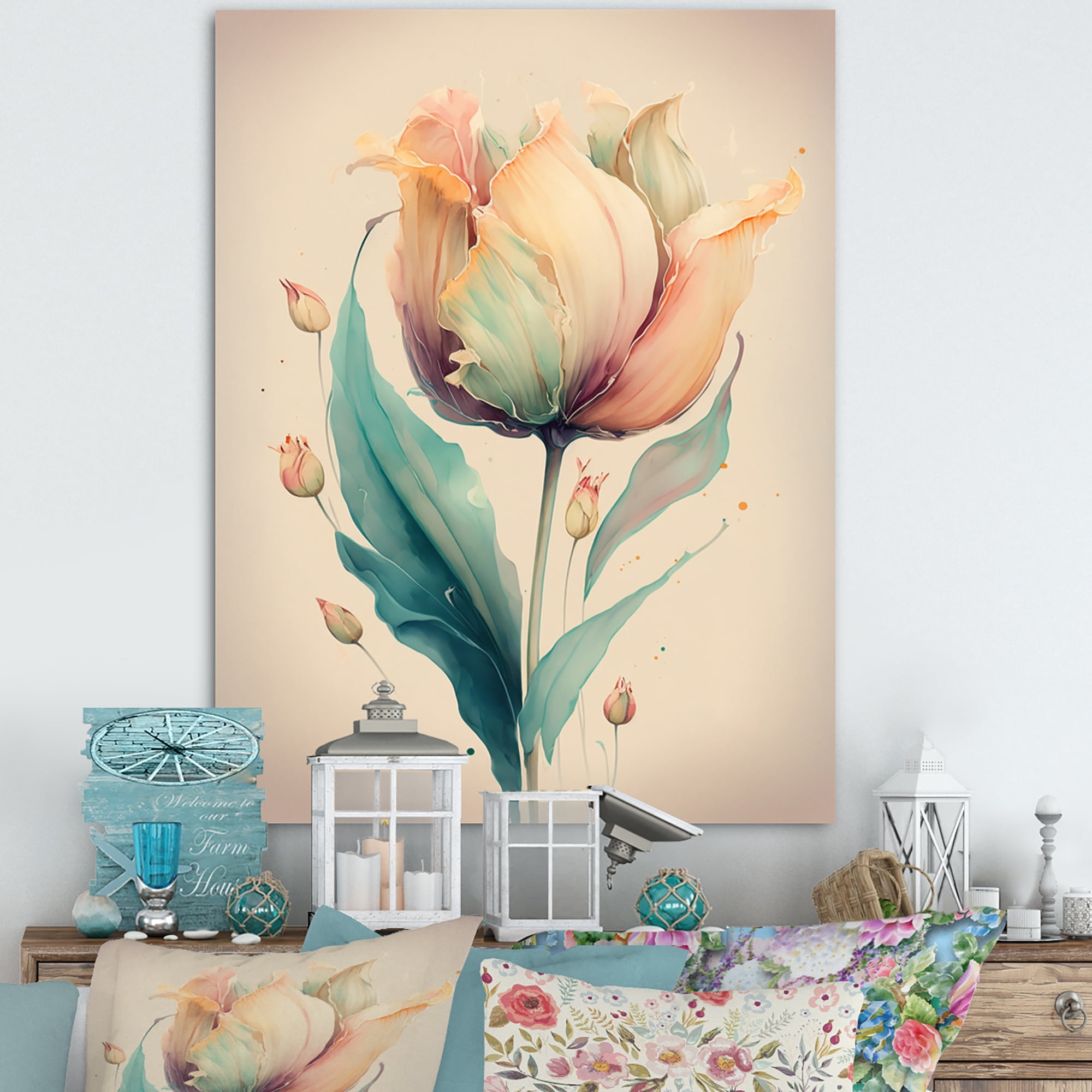 Designart Soft Tone Tulip Canvas Wall Art