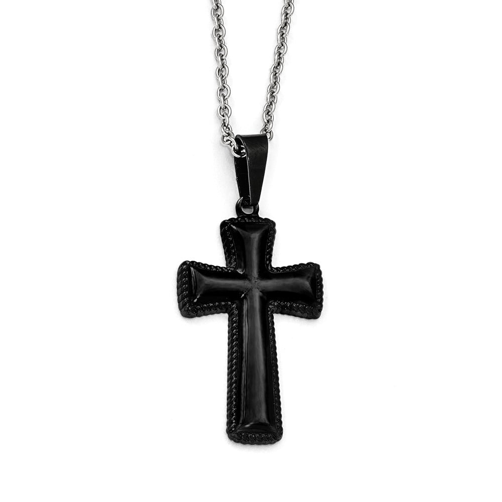 Bonyak Jewelry Stainless Steel Black IP-Plated Dog Tag with CZ Cross Necklace in Stainless Steel