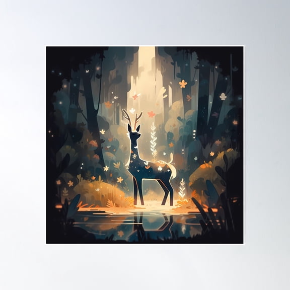 Deer In Magical Enchanted Forest Poster Wall Art, Modern Wall Decor, 16x16 UNFRAMED