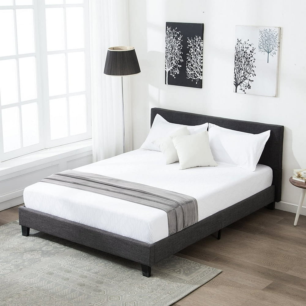 Mecor Upholstered Linen Platform Full Size Bed Metal Frame with Solid Wood Slats Support