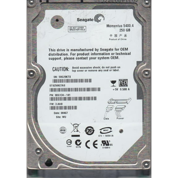 ST9250827AS, 5RG, WU, PN 9DG134-141, FW 3.AAB, Seagate 250GB SATA 2.5 Hard Drive