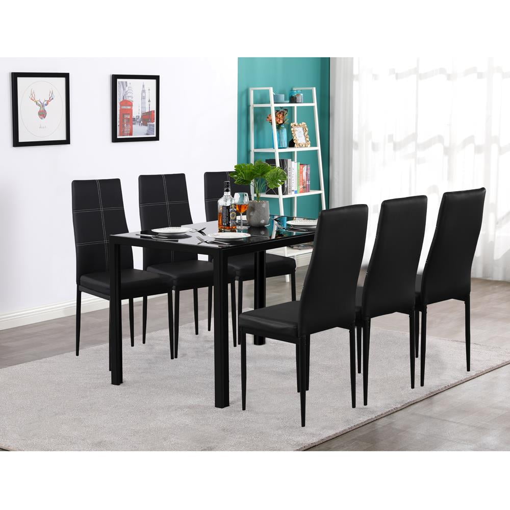 Ktaxon 7 Pcs Modern Glass Dining Table Set Leather With 6 Chairs,Black