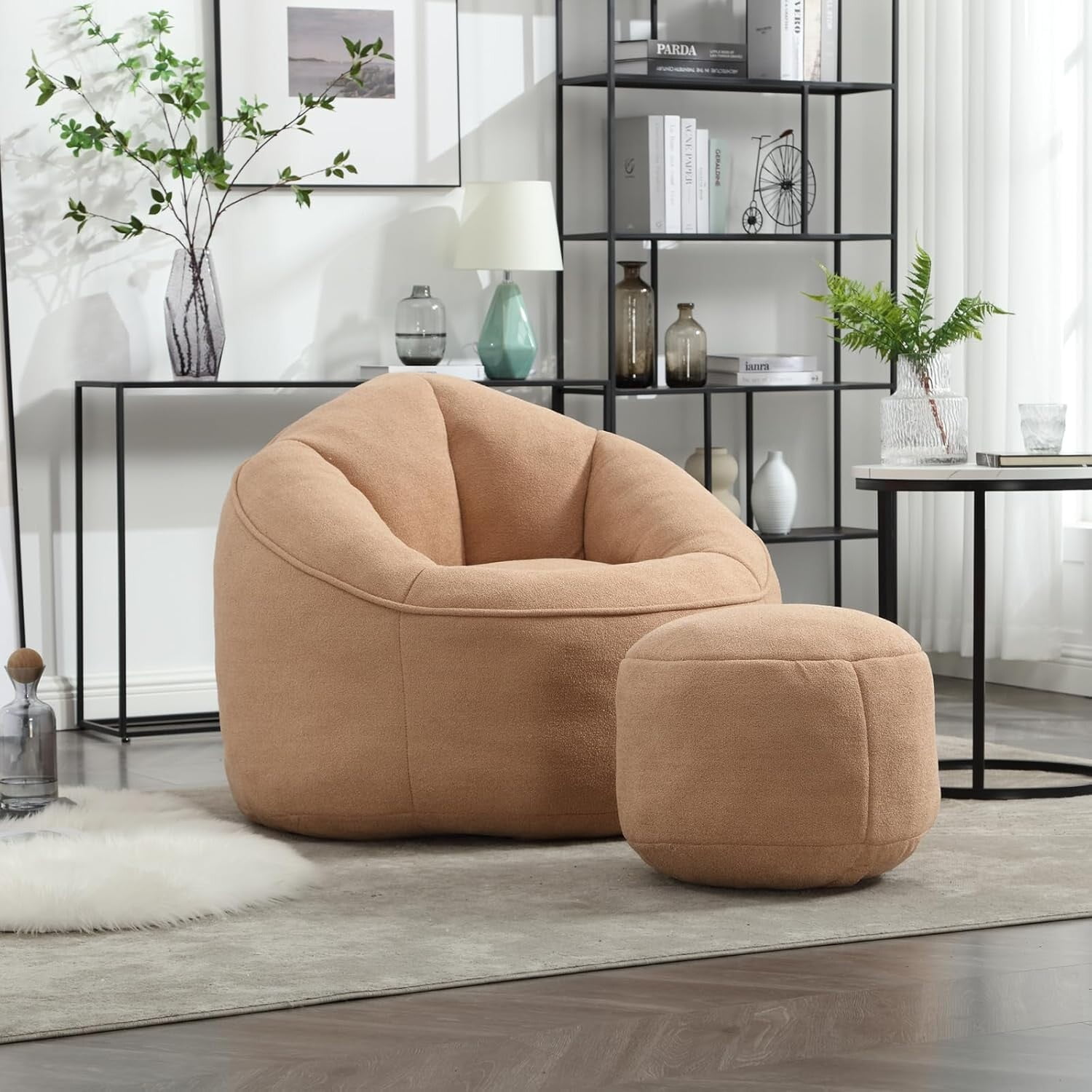 Bean Bag Chair for Adult,Microfiber Upholstered Sofa with Footstool Shell-Shaped Memory Foam Stuffed Lazy Sofa