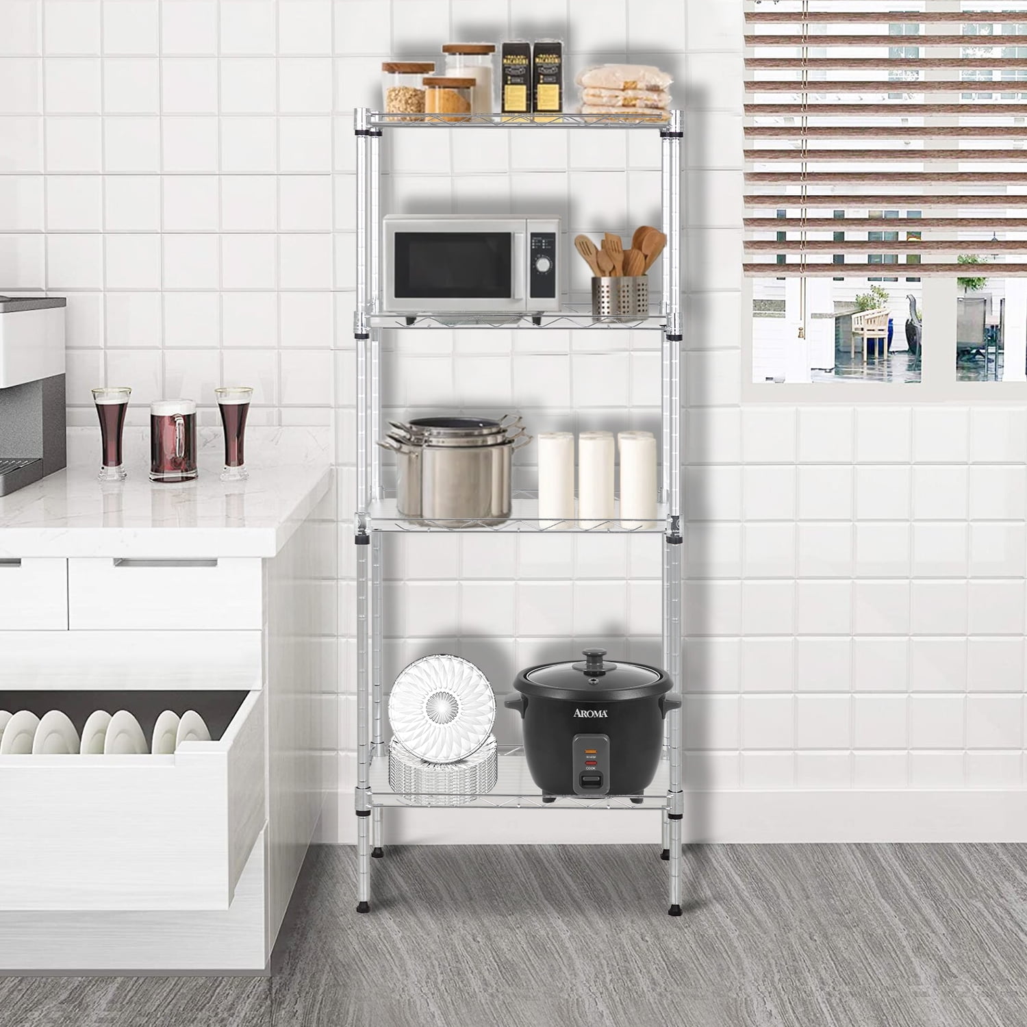 NiamVelo 4-Tier Storage Shelves Adjustable Wire Shelves Metal Shelf with 4 PP Sheets for Kitchen Bathroom  Garage, Chrome