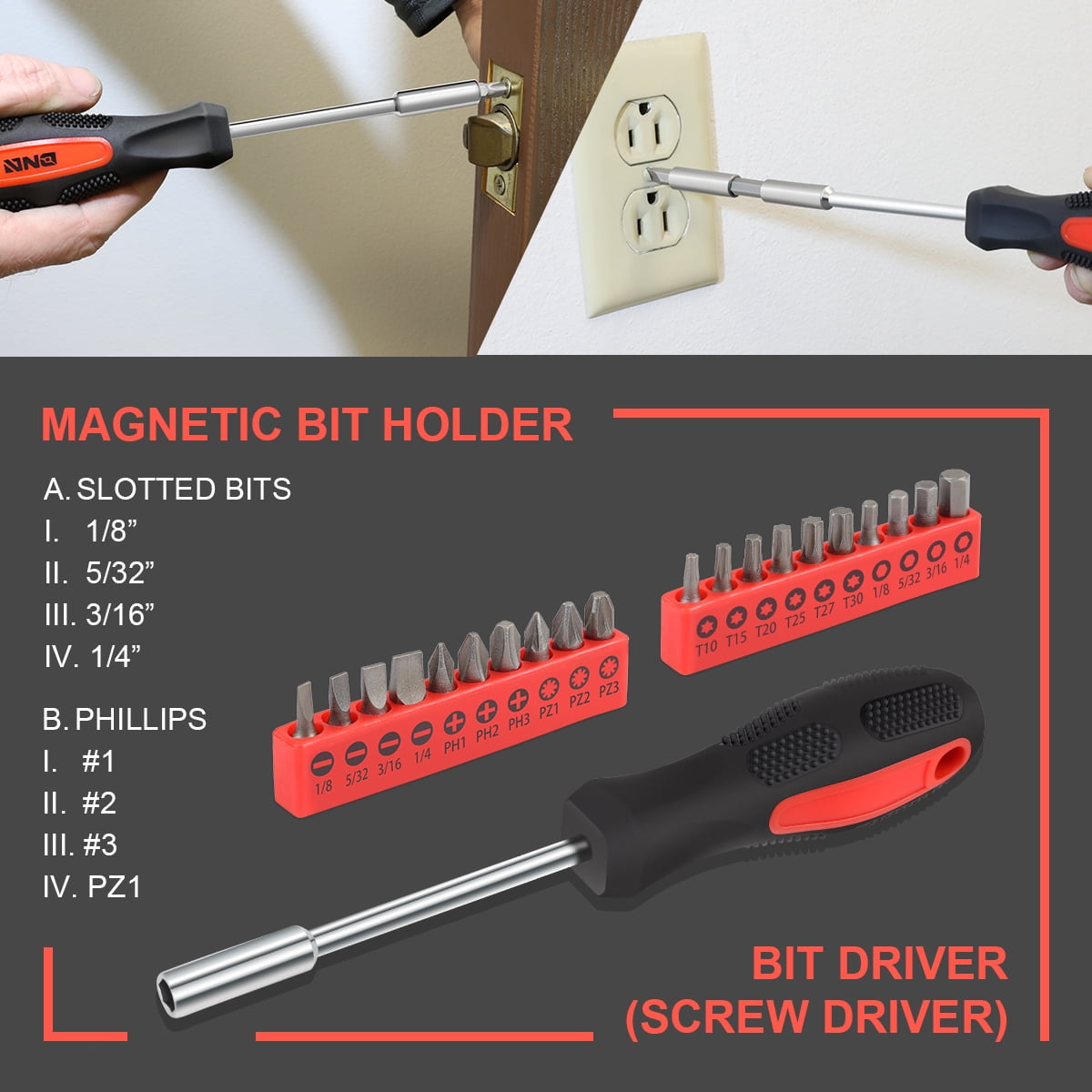 DNA Motoring 39-Piece Portable Tool Kit with Screwdriver, Pliers, Hammer, Hex Set - Red