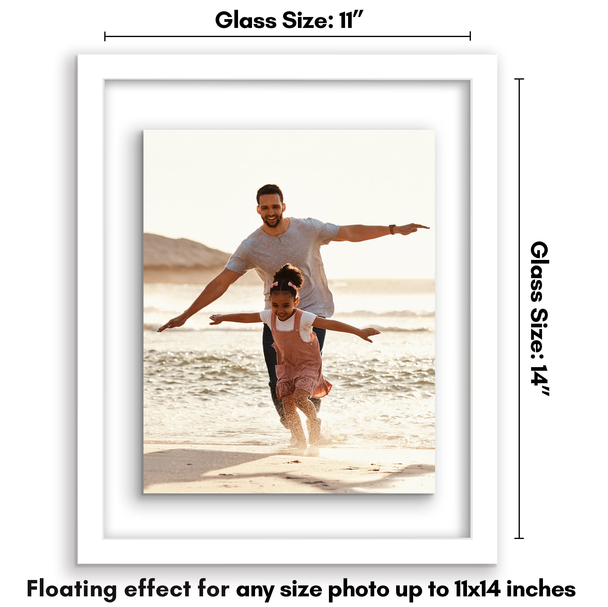 Americanflat 11x14 Picture Frame Floating Polished Crystal Clear Glass Display Photo Signature Float - White