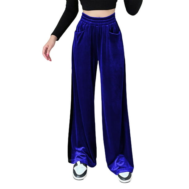 Txlixc Pantalones de terciopelo de piernas anchas para mujeres, pantalones elásticos casuales de cintura alta y ancha Txlixc moda