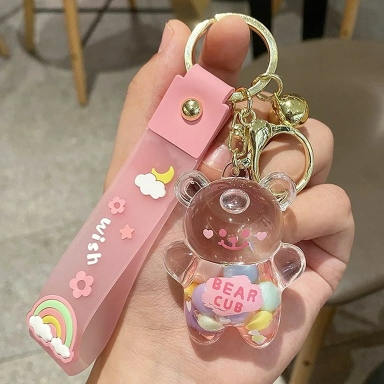 clberni Keychain Bear Liquid Floating Sand Cute Keychain Bag Charm Wrist Band Bracelet Keyring Women Girl, Women's, Size: 4, Pink