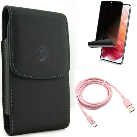 6ft USB-C Cable w Privacy Screen Protector w Case Belt Clip for Samsung Galaxy S21 Plus - Pink Charger Cord, TPU Film Fingerprint Works, Leather Holster Accessory Bundle