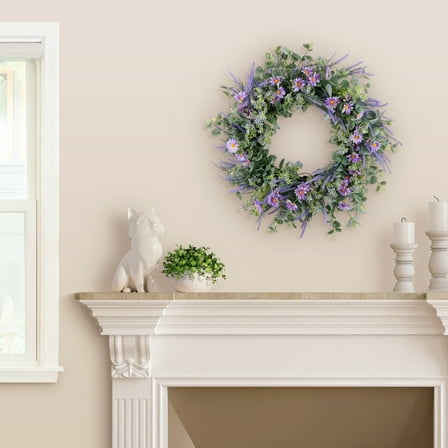 CC Christmas Decor Daisy Lavender and Eucalyptus Artificial Floral Spring Wreath - 24" - Green and