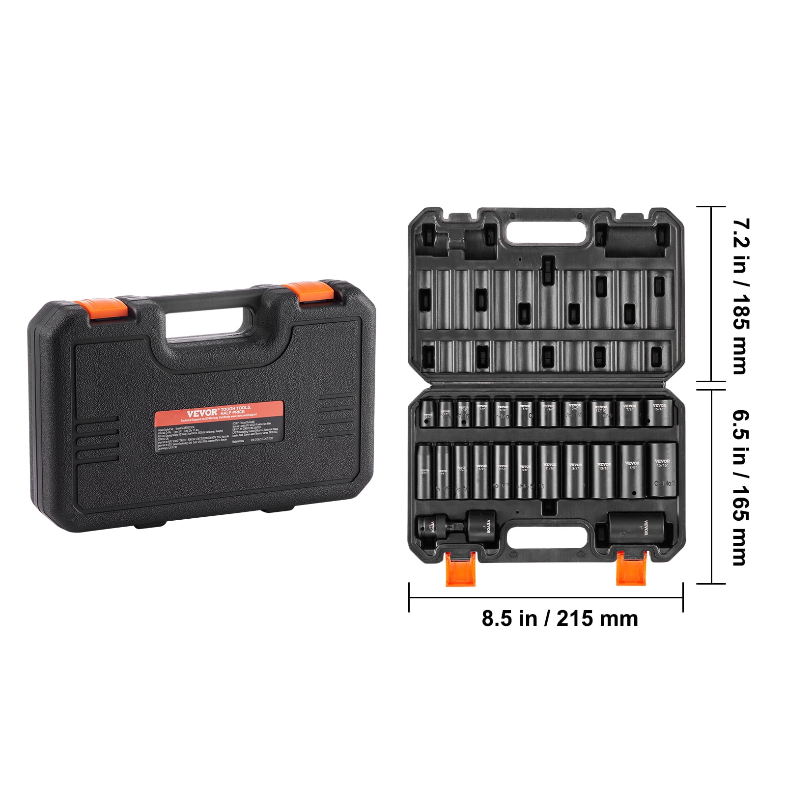 VEVOR 3/8" Drive Impact Socket Set, 25 Piece Deep & Shallow Socket Set SAE 5/16" - 1", 6 Point Cr-Mo Alloy Steel for Auto Repair,Easy-to-Read Size Markings,Rugged Construction,Includes Storage Case