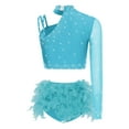 thumbnail image 4 of YiZYiF Womens 2Pcs Sparkle Latin Cha Cha Tango Belly Dance Suit One Shoulder Crop Top+Feather Briefs Sky Blue M, 4 of 7