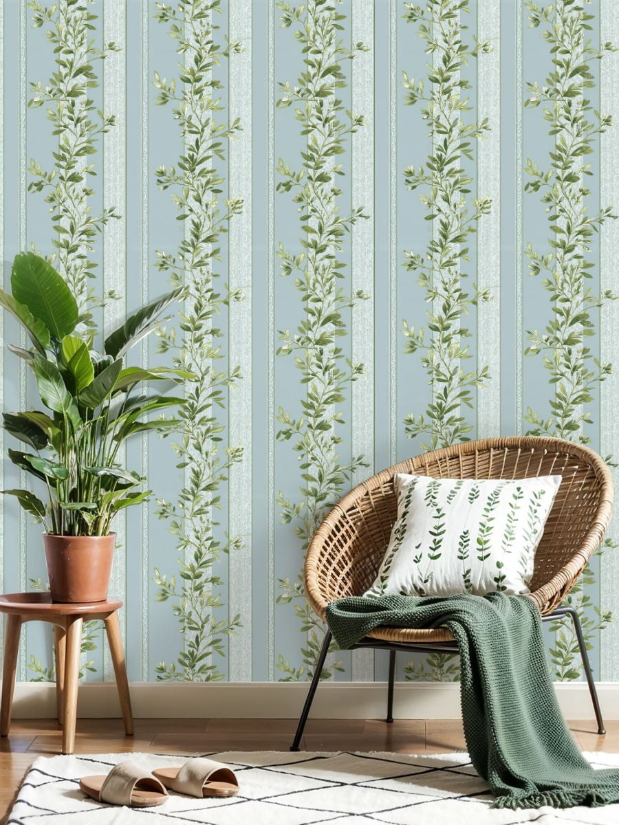 Sage Green Peel and Stick Wallpaper Vintage Botanical Floral Green Leaves Blue Wall Mural 23.6in x 9.8ft Self Adhesive Removable Wall Paper Renter Friendly Wallpaper for Girls Bedroom