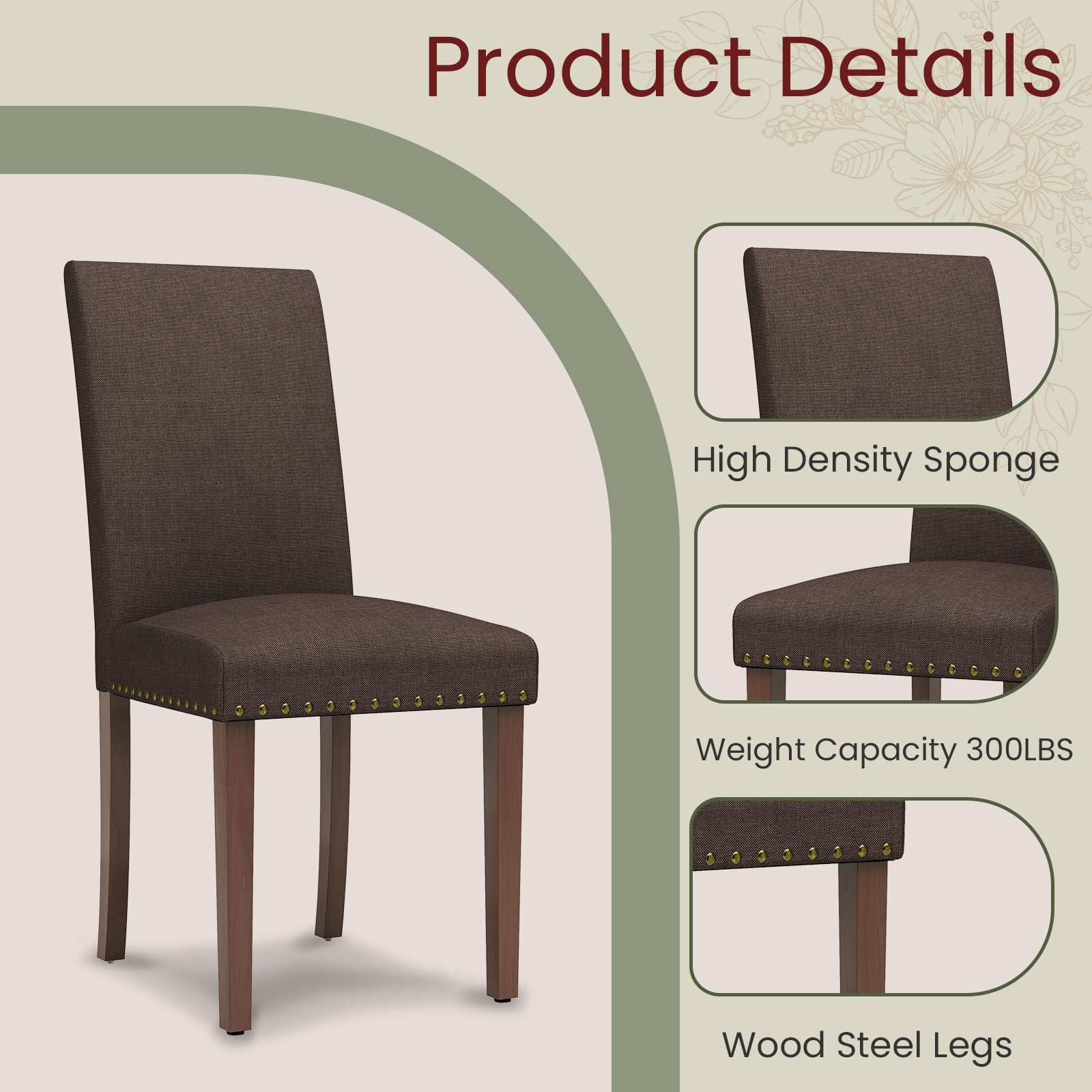 Arlopu Dining Chairs Set of 4, Upholstered Parsons Dining Chairs with Nailhead Trim, Solid Wood Legs & Padded Seat, Side Chair for Kitchen, Dining Room, Living Room