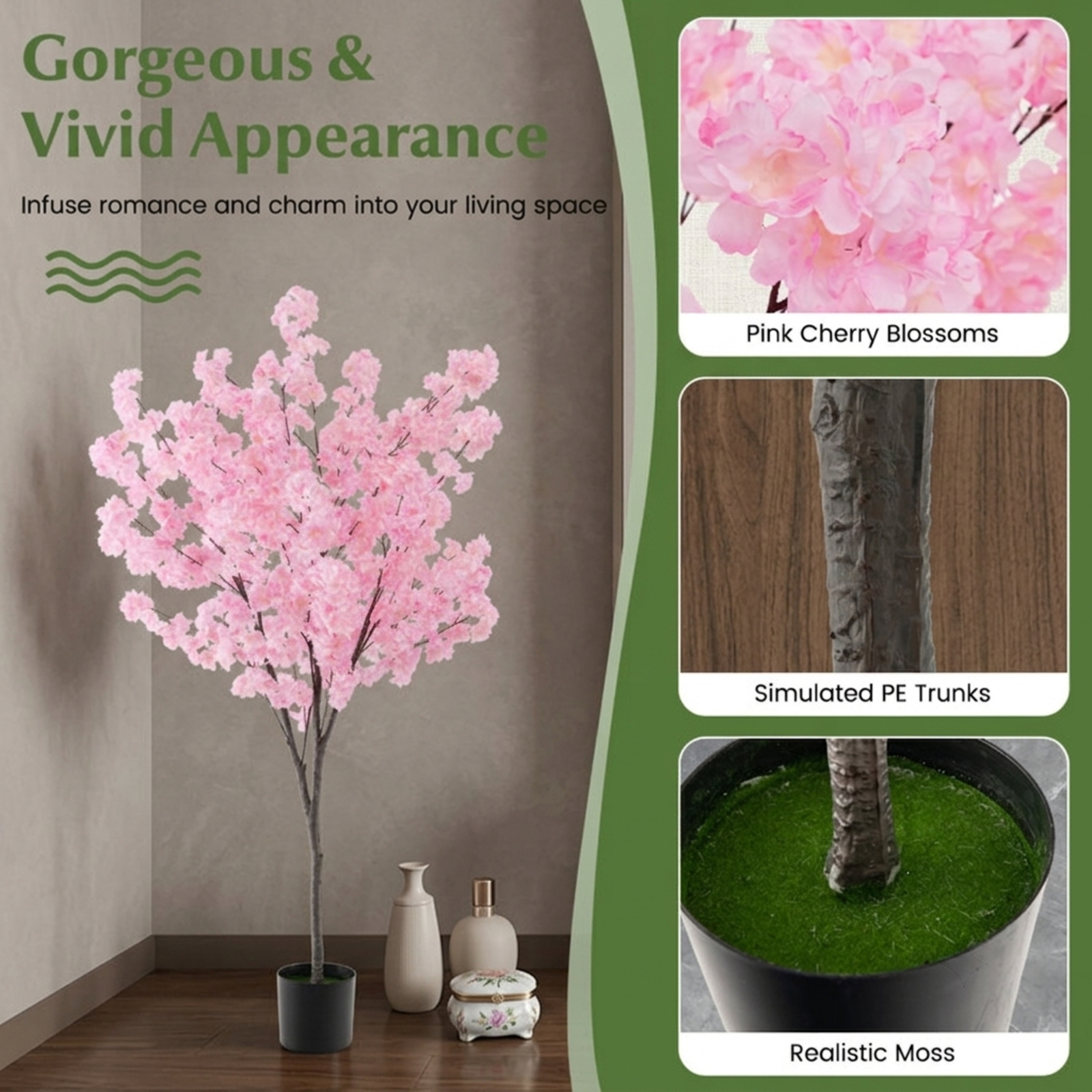 Vebreda Artificial Plant Decor, 6.5 FT Tall Artificial Cherry Blossom Tree with 1170 Pink Flowers, Gorgeous and Vivid Appearance