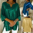 thumbnail image 3 of SCHUHLAND Women's Plus Size Sparkly V-Neck T-Shirt - Fashion 3/4 Sleeve Glitter Top, Loose Fit Shimmer Blouse, Summer Casual Shiny Pullover 1XL-5XL, 3 of 8