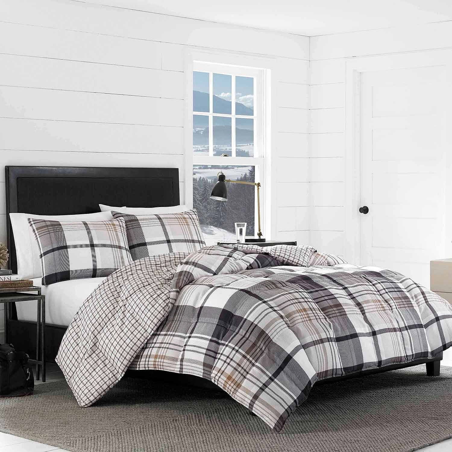 Eddie Bauer King Down Alternative Comforter Set, White/Brown Plaid