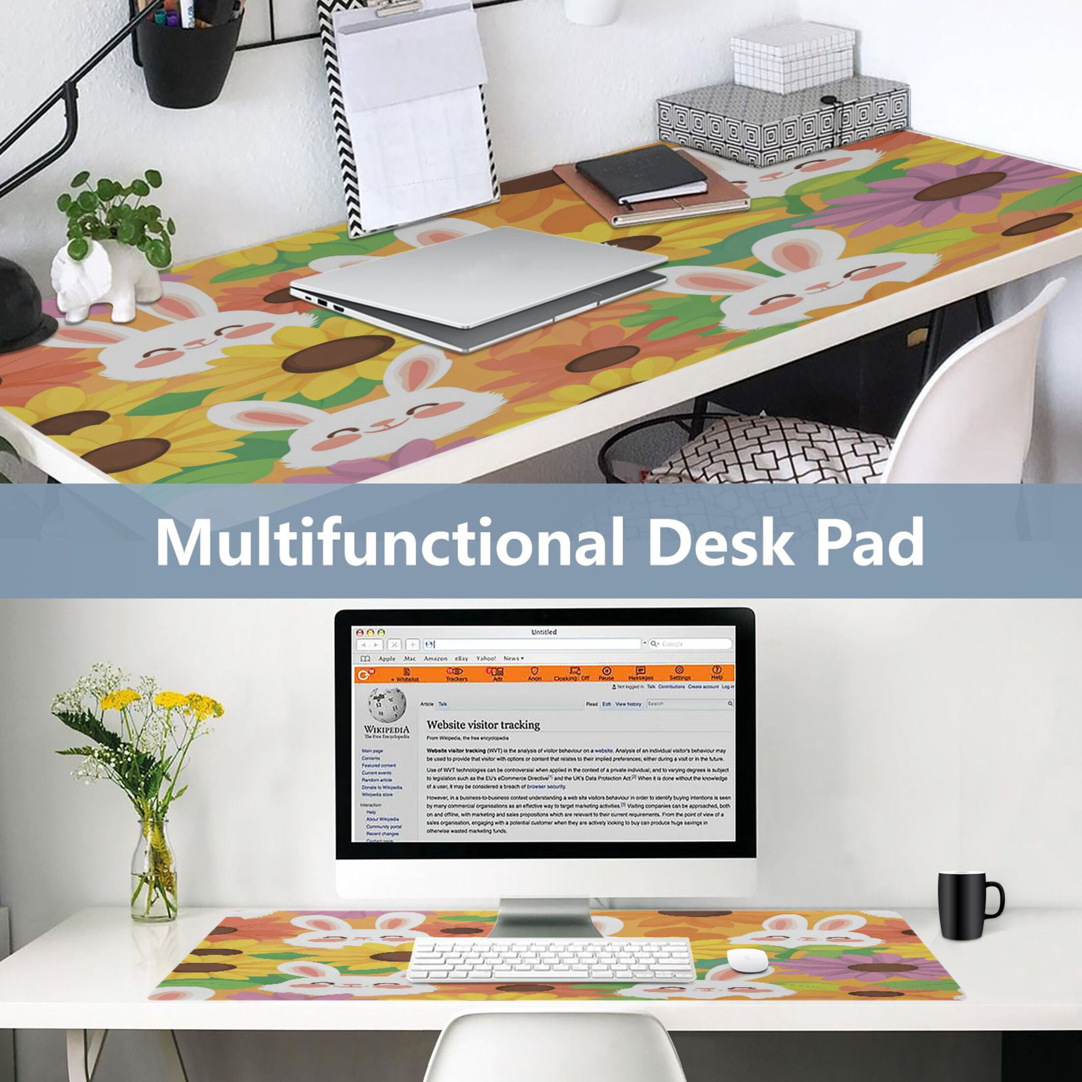 Leather Keyboard and Mouse Desk Mat Office Desk Accessories Protective Office Desk Decor Desk Pad Mat for Gaming, Work from Home, Office Smiling Bunnies with Sunflowers 16.5" x 35.4"