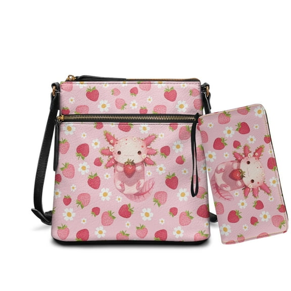 ZUXONGSY Axolotl Strawberry Print Trendy Crossbody Handbag & Wallet Set for Women, PU Leather Hobo Purse with Multi-Pockets, Adjustable Strap