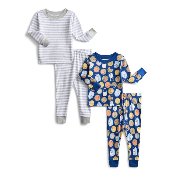 Wonder Nation Toddler Boys or Girls Cotton Snug Fit Long Sleeve Pajama Top and Pants Set, 4-Piece, Sizes 12M-5T