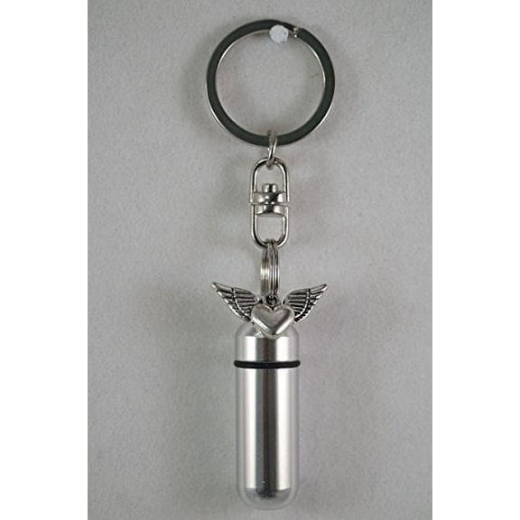 Engraved Cremation Urn Keepsake - Winged Heart - on Swivel Stainless Steel Keychain