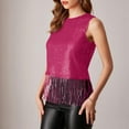 thumbnail image 4 of Sevevn Women's New Solid Color Crew Neck Pullover Sequin Fringe Casual Top Summer Savings Hot Pink S, 4 of 9