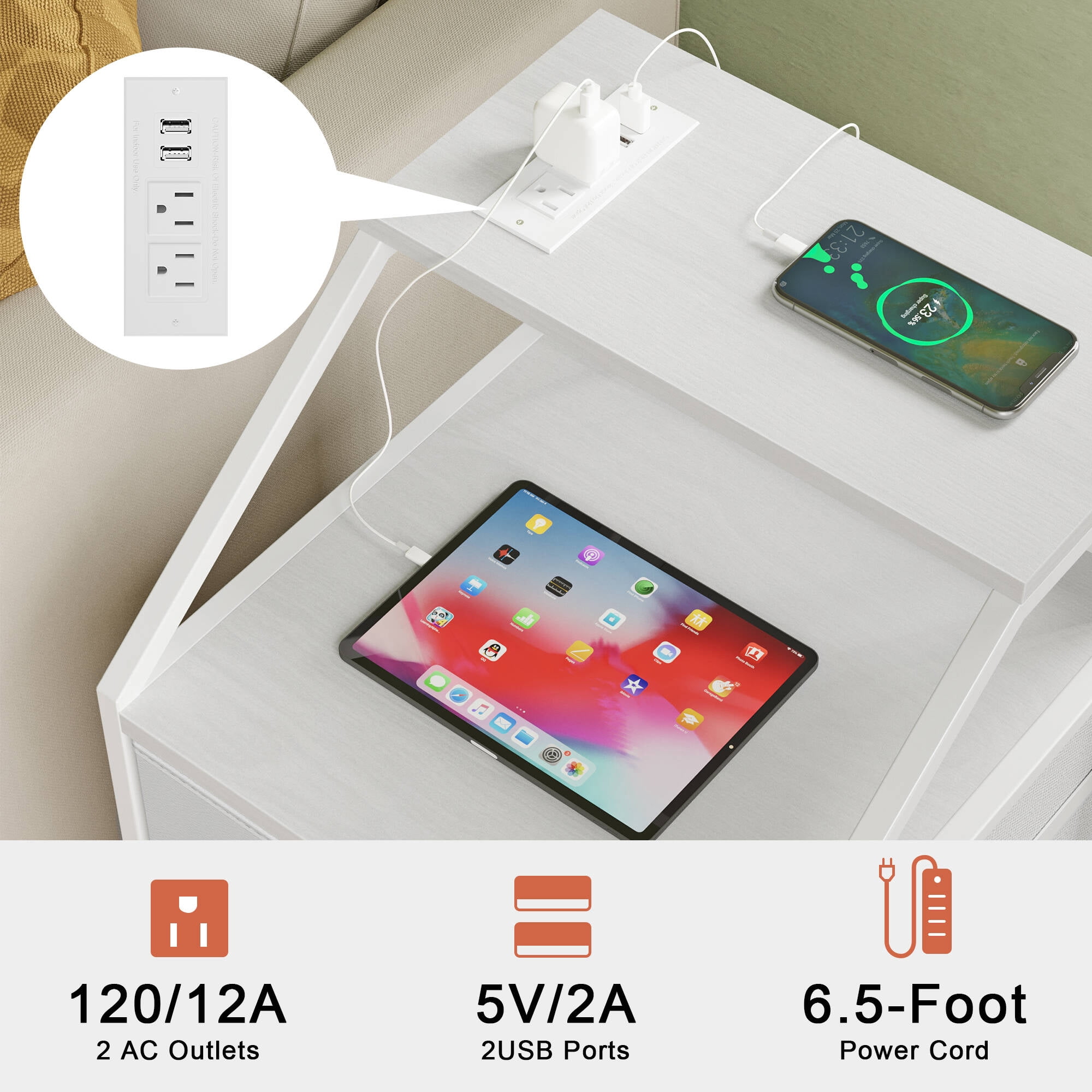 GUNAITO Led Nightstand Set of 2 with Charging Station Side Table with 3 Drawers End Table with Open Shelf Bedside Table with USB Ports and Outlets Nightstand for Bedroom,White