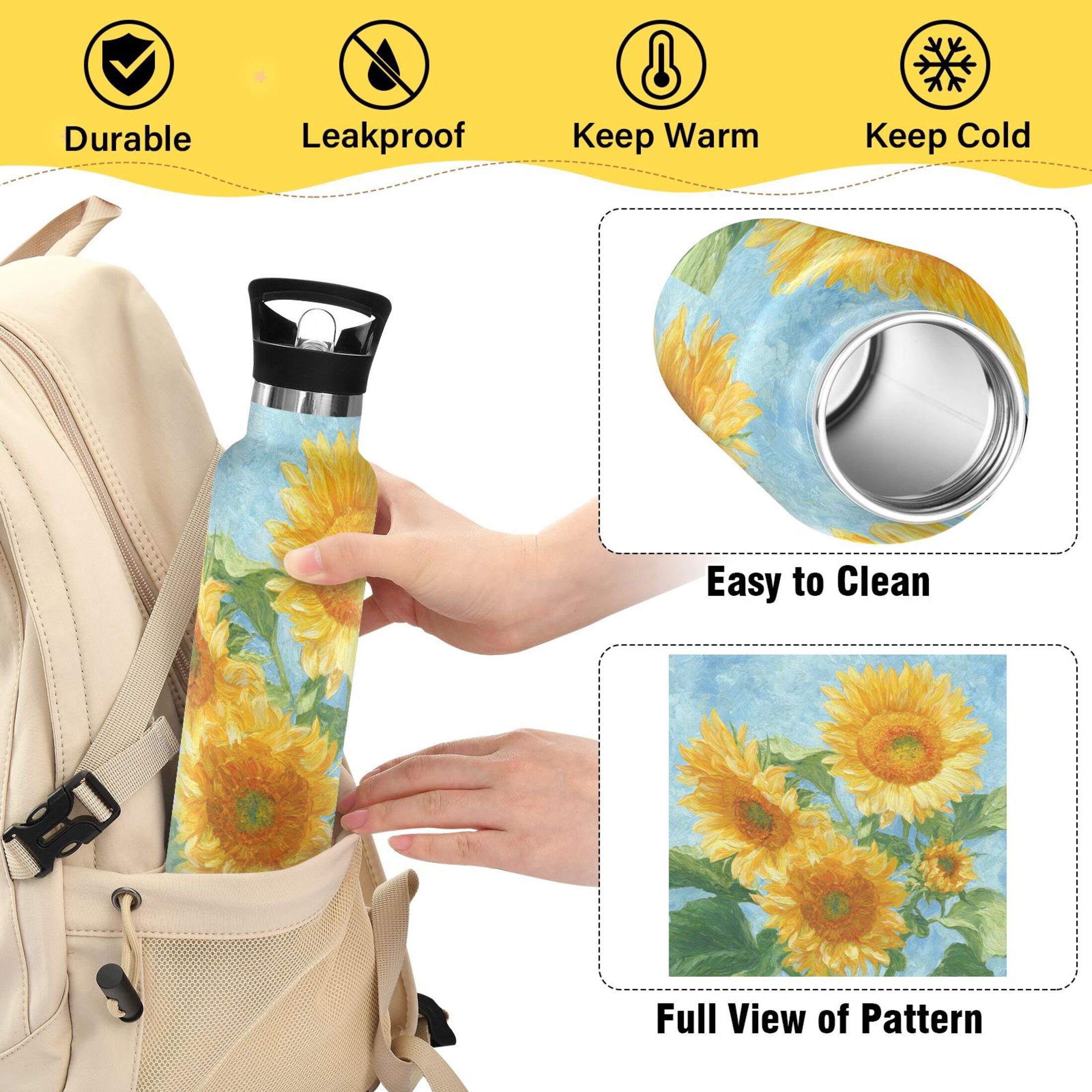 Kids Insulated Stainless Steel Sports Water Bottle 600ml (20oz) Sunflower Oil Painting